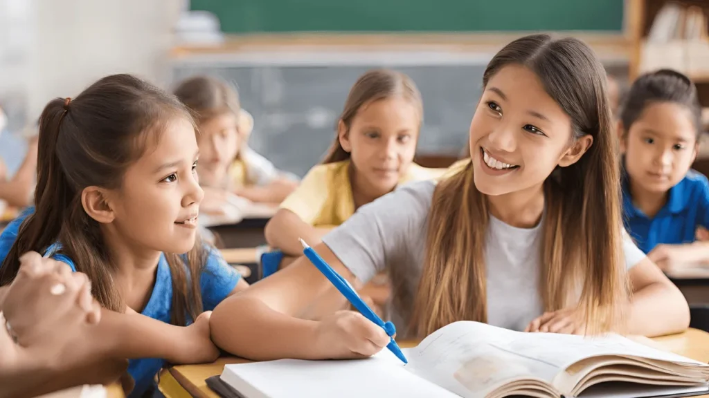 a woman and girls in a classroom